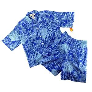 Vtg NOS 80s 90s Two Potato Resortwear Matching Vacation Set Botanical Print Blue